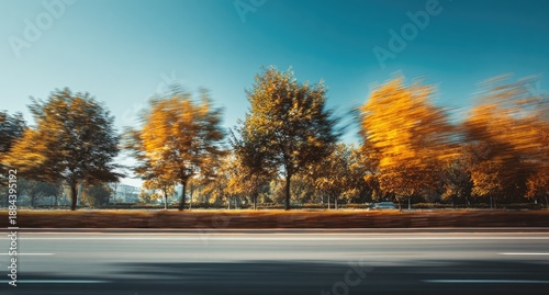 Blurred autumnal trees line a road with motion blur effect