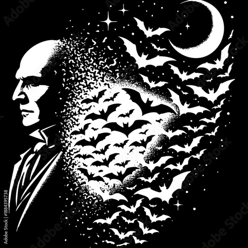 Dramatic gothic illustration of a man’s profile merging into a massive swarm of bats under a crescent moon. Dark fantasy and horror aesthetic.