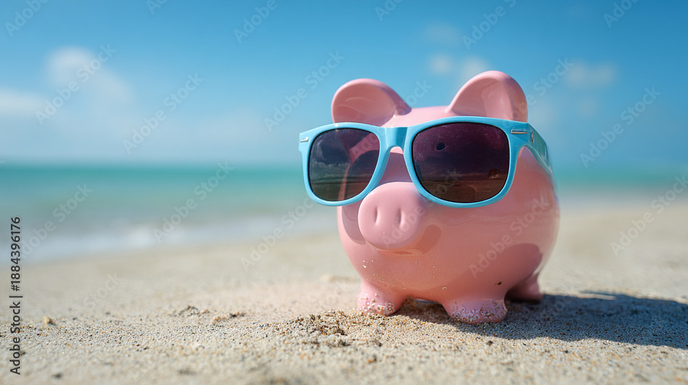 Obraz premium A pink piggy bank wearing blue sunglasses sits on a sandy beach with a clear blue ocean in the background. The scene conveys a sense of fun and relaxation.