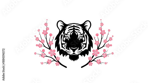 Black tiger head with pink flowers.