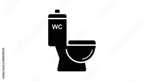 Black toilet with white lettering.