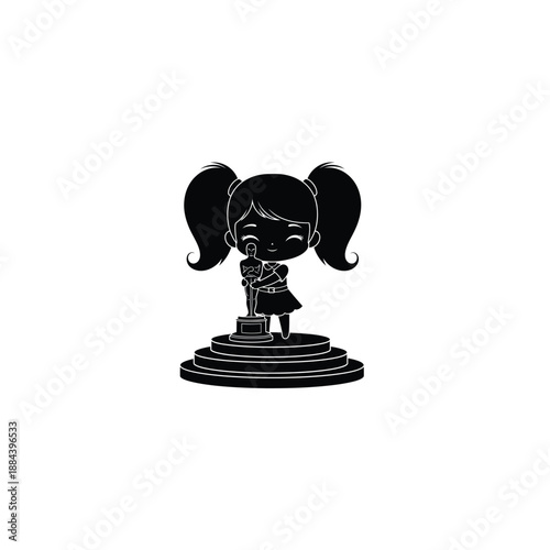 Smiling cartoon girl holding trophy in victorious pose on podium