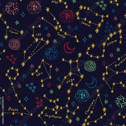 Colorful zodiac constellations seamless pattern astrology night sky stars vector