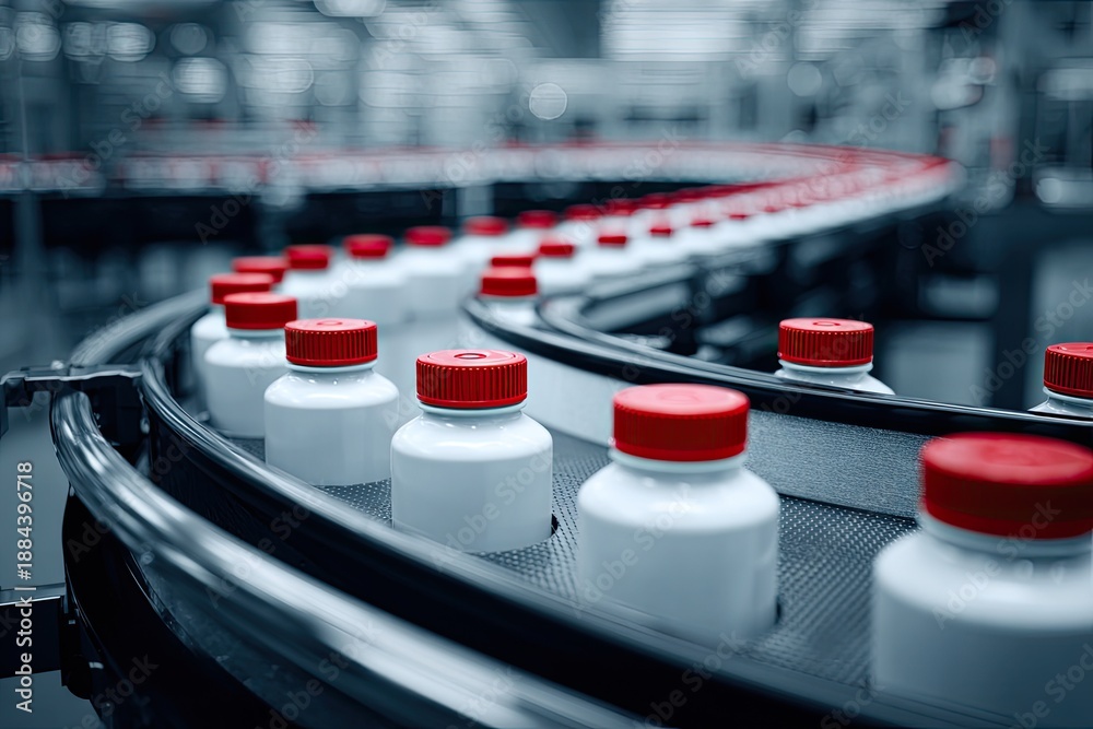 Obraz premium Rows of white pharmaceutical bottles with red caps move along a curving factory conveyor