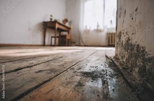 Old wooden floor with water damage and moldy wall in an empty room