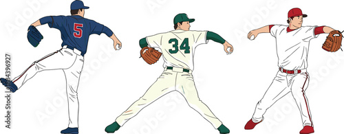 Vector illustration of three baseball pitchers in dynamic throwing poses wearing different team uniforms, professional athletic sports competition isolated on white background