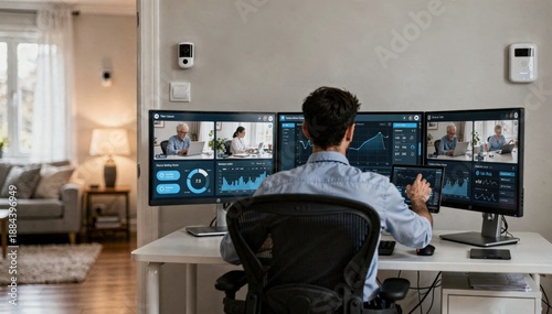 Medium shot of a telecare monitoring hub with a caregiver adjusting video and sensor settings elders living space blurred in the background for remote health support.