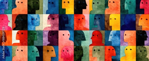 A grid of diverse, colorful figures in profile