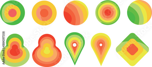 Vector Set of Geographic Heat Map, Geo Heatmap Charts Logos, Circular Gradient Hot Spot, Relative Value or Density of a Measure by Location, Harmonious Heatmap Logos. Heatmapping