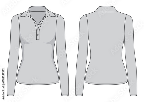 Vector fashion technical drawing of a womens long sleeve polo shirt with front and back view. Slim fit. Semi spread collar. Long, narrow placket. DTM buttons. Knit fabric.