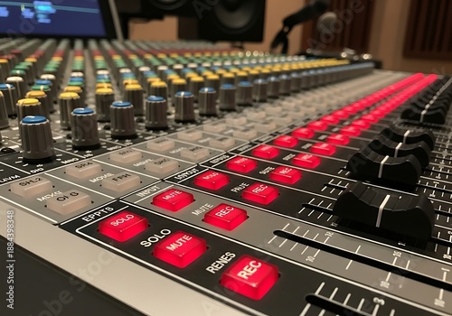 Professional audio mixing console with illuminated buttons and faders in a .