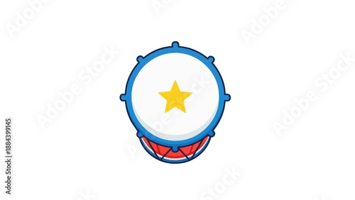 A cartoonish blue drum with a yellow star on its white head and red interior against a clean white background.