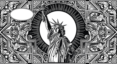 Vintage black and white engraving of the Statue of Liberty with ornate floral borders and decorative patterns, classic American patriotic vector illustration.