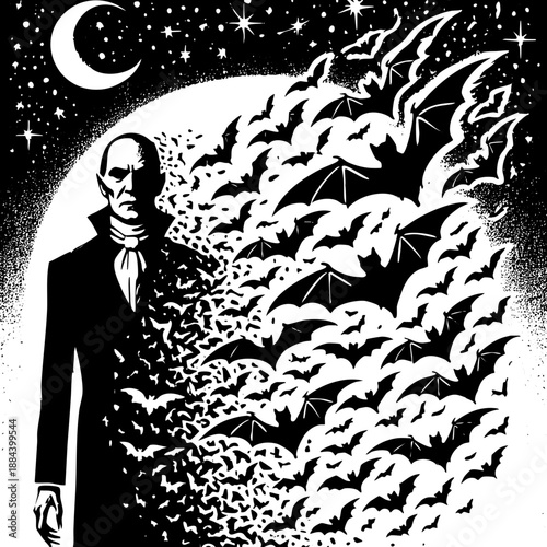 Dark fantasy illustration of a man in a suit turning into a swarm of bats at night. Gothic horror transformation concept.