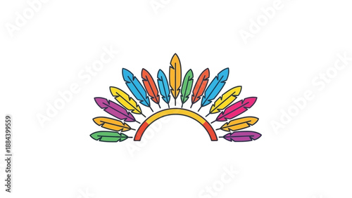 Colorful abstract design with a rainbow shape and multicolored feathers on a white background in a graphic illustration.