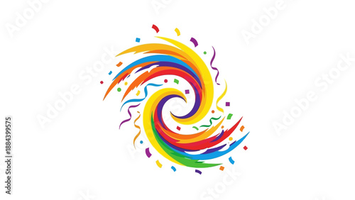 Colorful swirling rainbow confetti design on a white background with a celebratory mood.