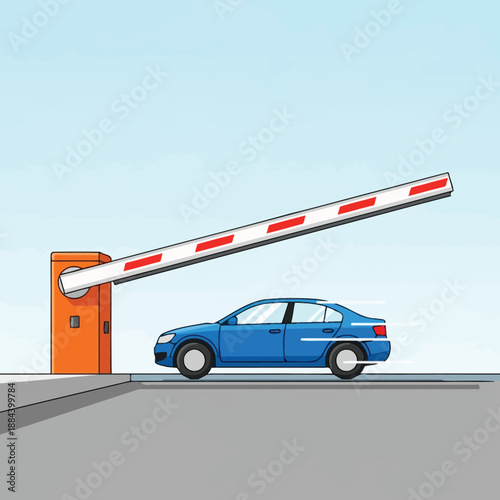 Blue Car Passing Through Open Parking Barrier Gate, Automated Entry and Exit System Vector Illustration