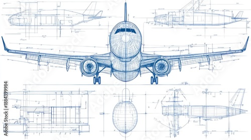 Blueprint illustration of an airplane showcasing various views and technical details.