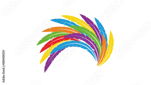 Colorful arrangement of curved feathers in a rainbow palette against a white background.