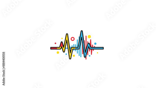 Colorful graphic illustration of a stylized heartbeat waveform with multicolored lines and dots on a white background.