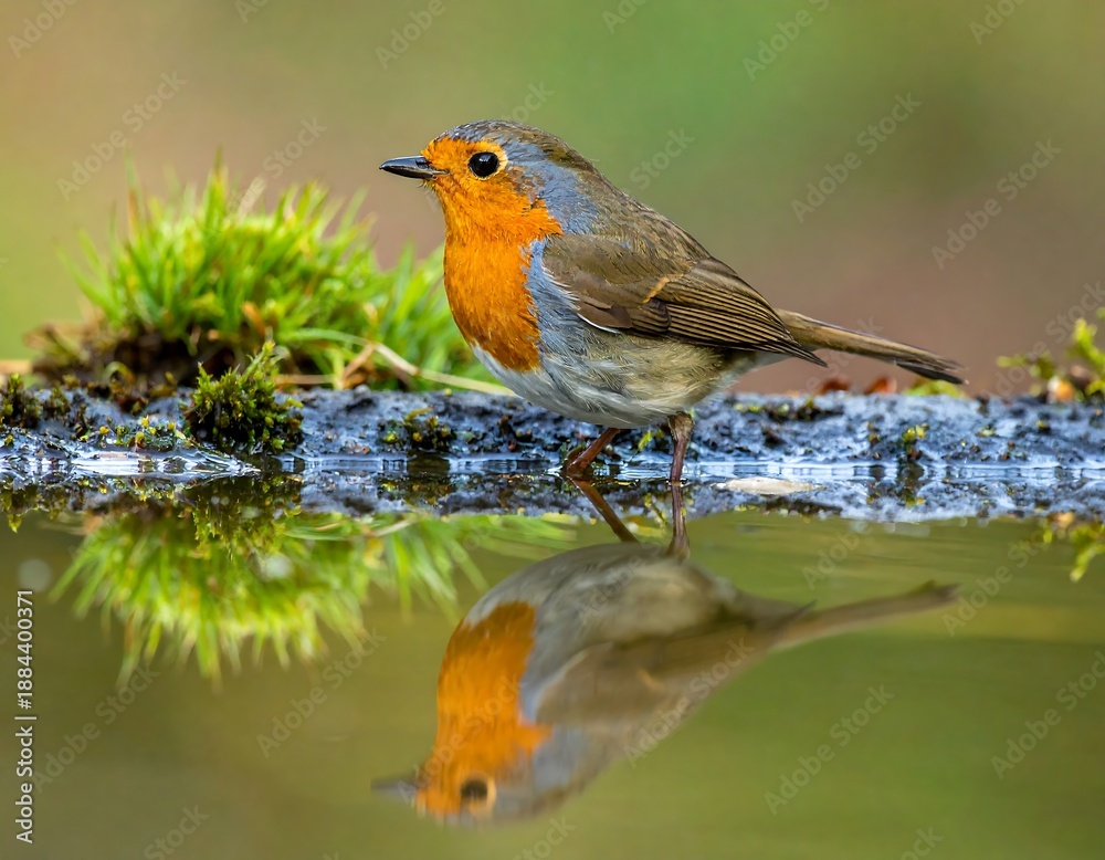 Fototapeta premium A vibrant bird with an orange chest stands near a pool of water, reflecting its form. Lush greenery accents the scene