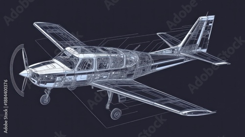 A wireframe illustration of a small aircraft showcasing its structural design.