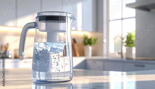 Crystal clear filtered water pitcher with ice cubes sitting on a modern kitchen countertop bathed in soft ambient sunlight