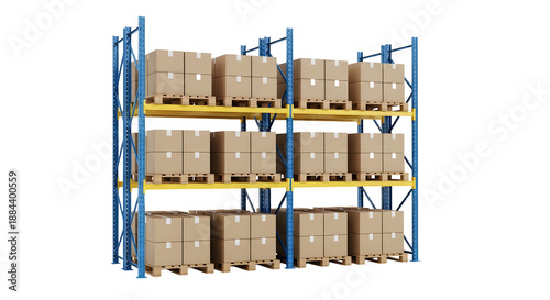 Industrial Warehouse Metal Shelving Unit Filled with Packed Cardboard Boxes in Storage Facility