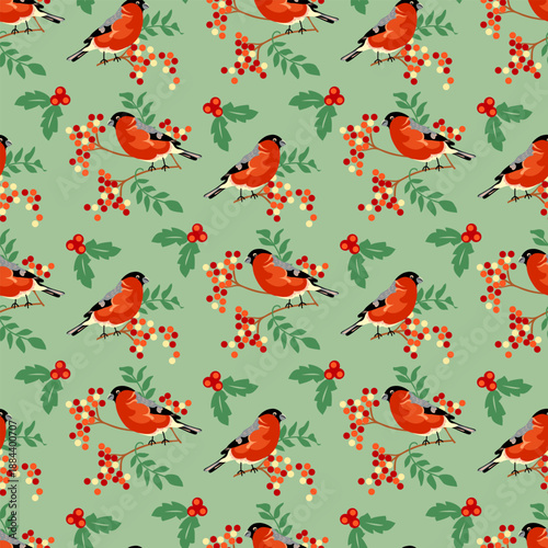 Cute red birds with rowan berry branch and leaves seamless pattern design on pastel green background. Perfect for wallpaper, seasonal decor, textiles. Vector illustration 
