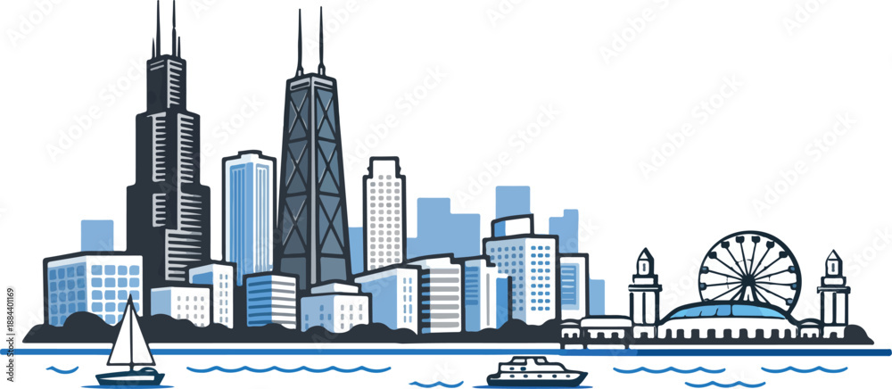 Fototapeta premium Chicago city skyline with sailboat and ferris wheel at dusk