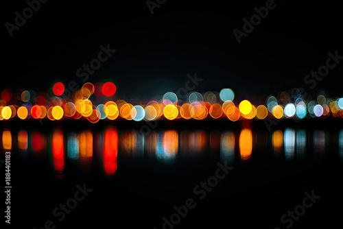 Out-of-focus city lights create colorful, glowing circles reflected on dark water