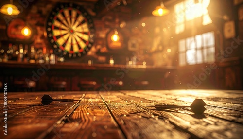 Wooden floor with scattered dart tips, signs of an intense game night, diffused moody lighting in a bar atmosphere.