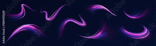 Futuristic neon speed lines flowing through dark space. Light trails visualize rapid data movement. Perfect abstract background for technology, coding, and AI concepts.