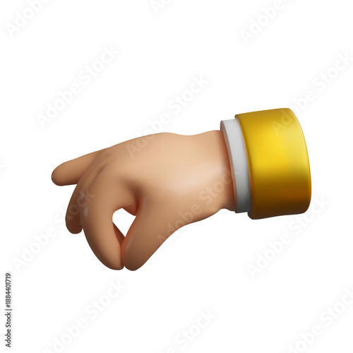 3D illustration of a human hand in a grasping gesture, designed to hold an object. The hand wears a shiny golden cuff and is positioned against a white background.