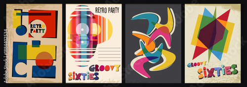 Groovy Sixties Retro Party Music Posters. 1960s Vintage Placards Style Illustration Set. 60s Colors, Aged Texture, 60s Graphic Designs