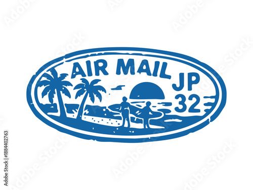 Air Mail JP 32 Stamp with Tropical Beach Scene.