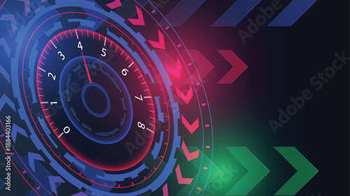 Abstract futuristic speedometer background featuring glowing neon HUD interface circular gauges and motion arrows ideal for technology performance data speed and innovation concepts