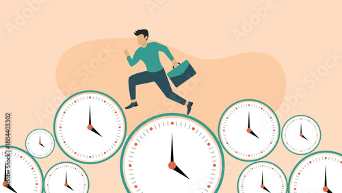 Business concept illustration showing a businessman running across multiple clocks symbolizing time pressure deadlines productivity career challenges planning and professional growth
