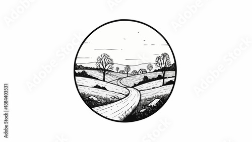 Scenic winding road through rolling hills and trees illustration.