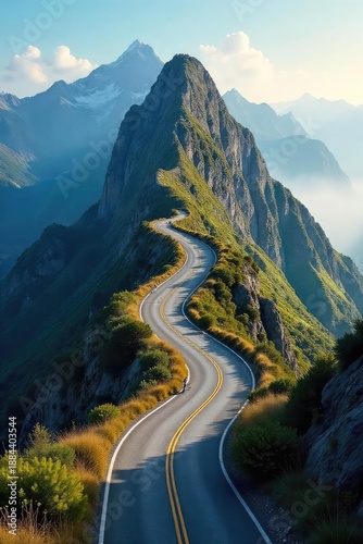 A winding road ascending a mountain, symbolizing the journey of career progression and the challenges overcome along the way to success , rocks, clouds