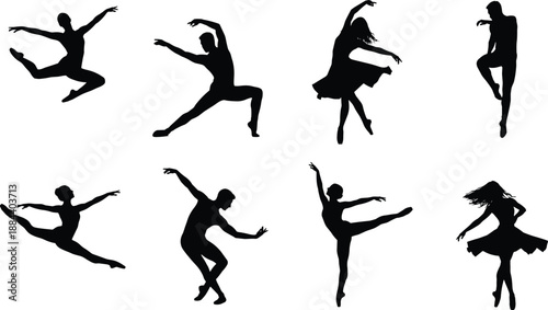 Ballet and contemporary dancer silhouette set featuring elegant jumps, spins and expressive dance poses isolated on white background for performance art, fitness, movement design