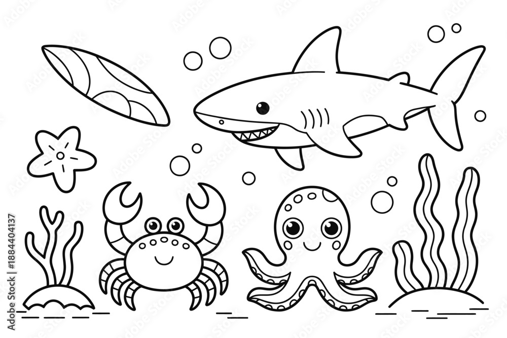Obraz premium A black and white illustration of a smiling shark, crab, and octopus in an underwater scene with seaweed and bubbles.