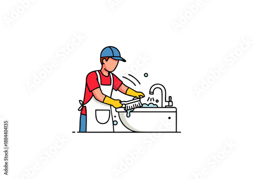 A person wearing a cap and apron is scrubbing a sink with a brush and soap, creating bubbles, symbolizing cleanliness and hygiene