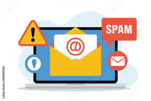 A graphic illustration of a laptop with a yellow envelope and red warning signs indicating spam email