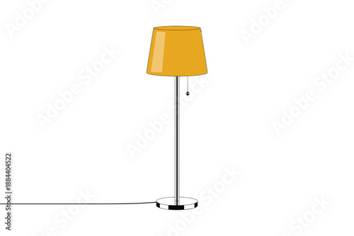A modern floor lamp with a yellow shade stands alone on a white background