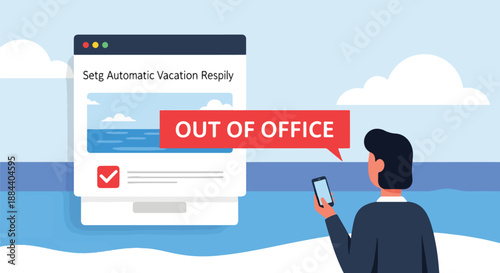 Man setting up automatic out of office email reply for his vacation, showing a browser window with beach image and 'OUT OF OFFICE' banner.