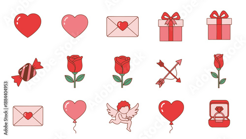 Valentine's Day Icons: Hearts, Roses, Gifts, Love Symbols & Cupid on White Background
