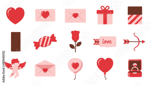 Valentine's Day Icons Set: Hearts, Gifts, Love Letter, Rose, Cupid, Ring, Arrow