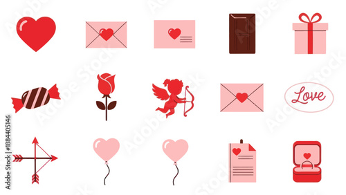 Valentine's Day Icons: Hearts, Rose, Cupid, Gift Box, Ring, Candy, Love Letter