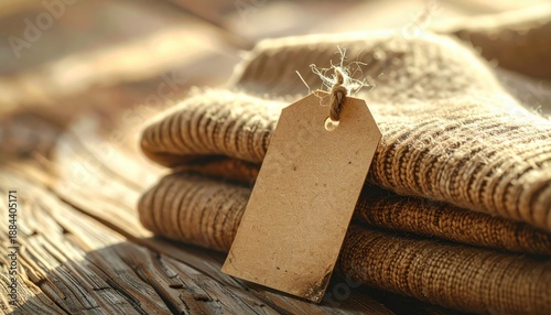 Blank brown price tag attached to folded rustic wool clothing on a weathered wooden table bathed in soft daylight